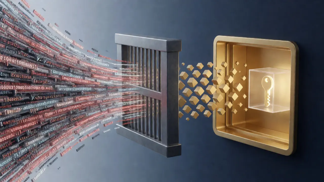 Visual bridge connecting chaotic software code to a secure vault via a standardized interface.