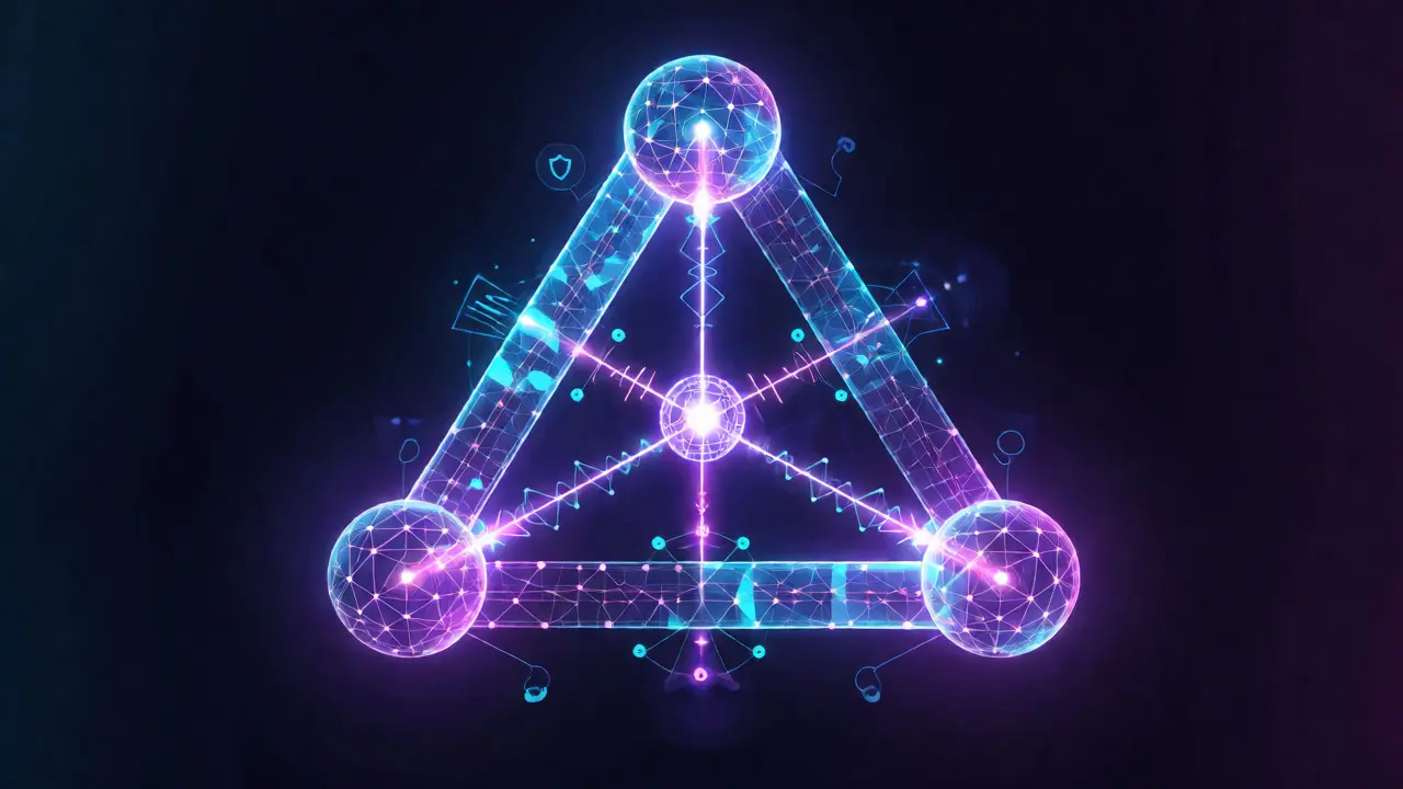 3D conceptual visualization of the blockchain security scalability decentralization trilemma