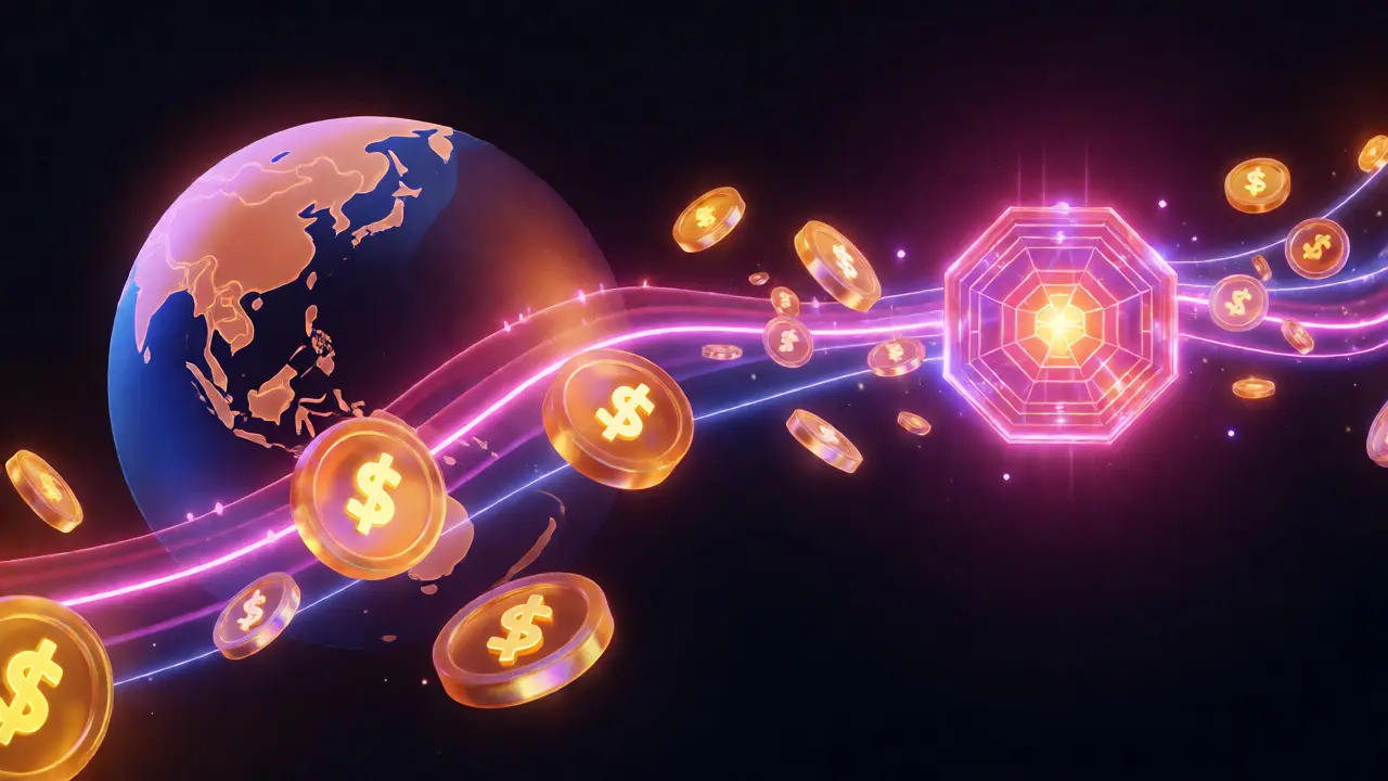3D visualization of CANDY tokens flowing from global regions to a blockchain node
