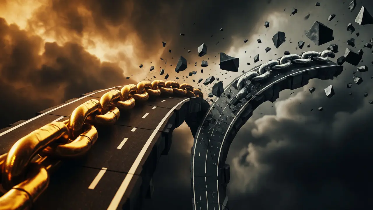 A digital highway splitting into two diverging chains amid chaotic debris