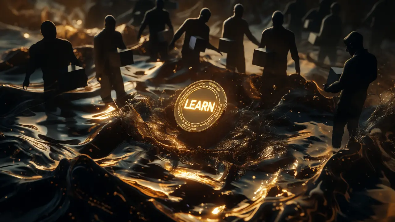 A glowing coin floating on turbulent liquid gold symbolizing market risk