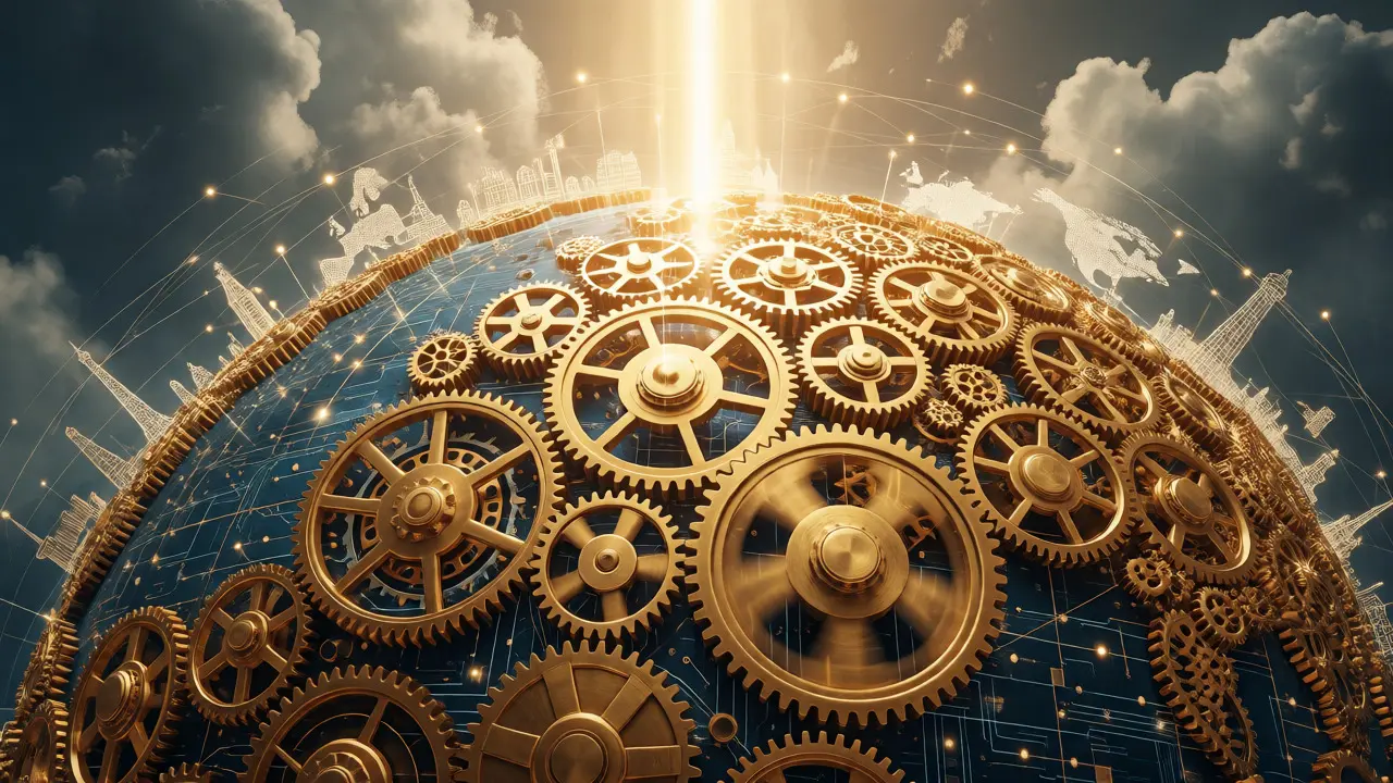 A golden gear-globe illuminated by sunlight, representing global harmonization of crypto tax reporting frameworks.