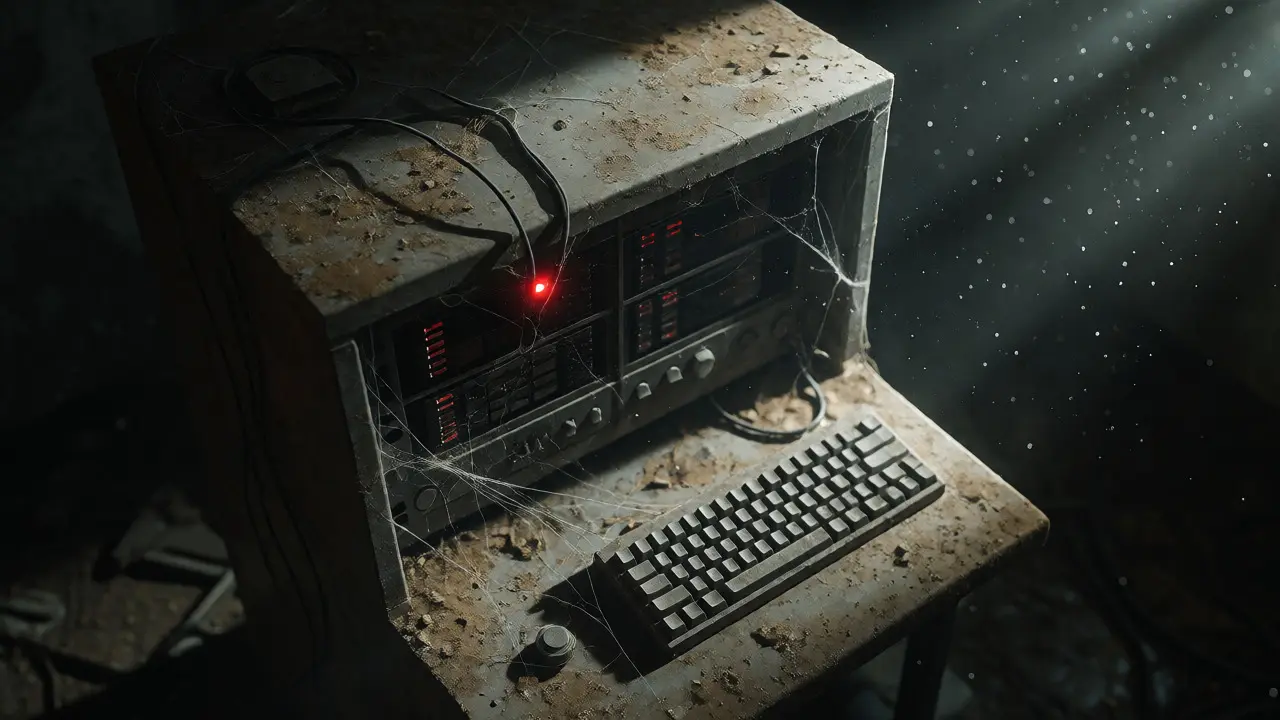 Abandoned server rack with blinking red error light