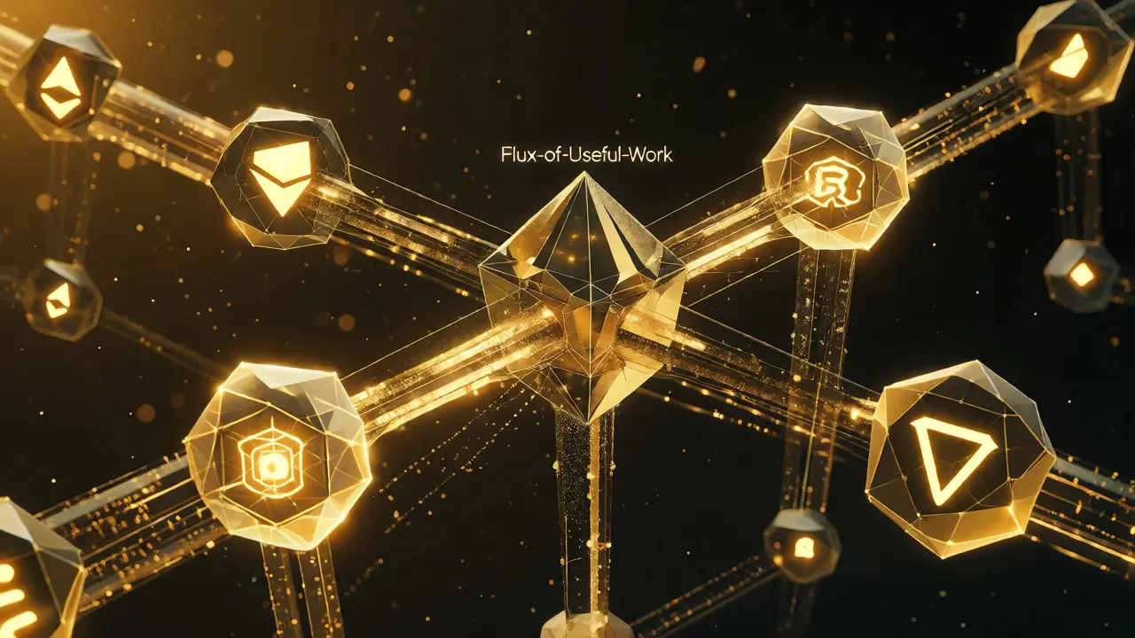 Abstract 3D network of glowing blockchain nodes connected by data streams