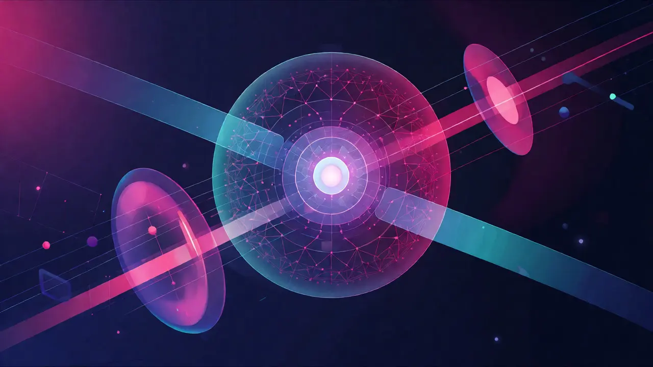 Abstract geometric shields protecting a central blockchain orb from threats
