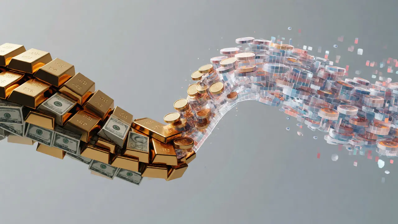 Abstract merger of traditional gold and digital crypto assets symbolizing convergence