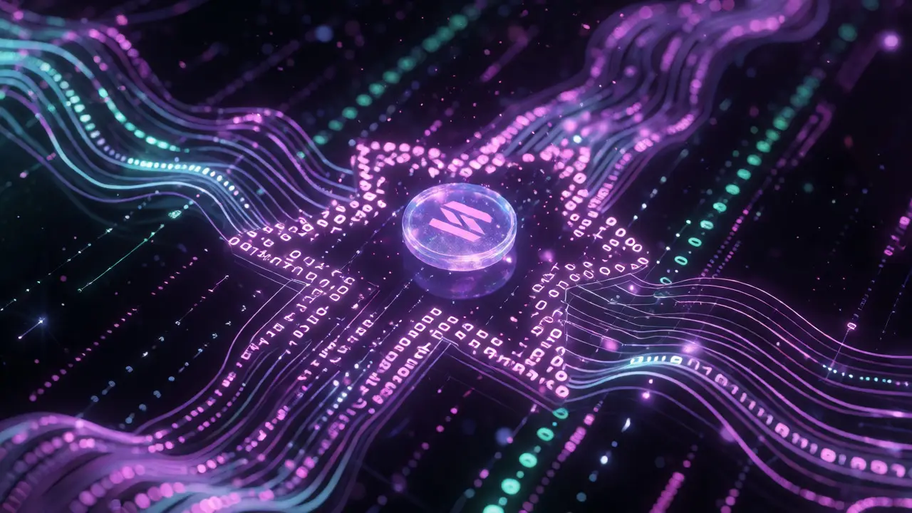 Abstract Solana blockchain data streams forming a festive gift shape with a mysterious central token.