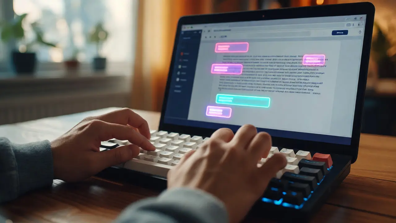 Close-up of hands typing on a keyboard with a screen showing private, local text analysis.