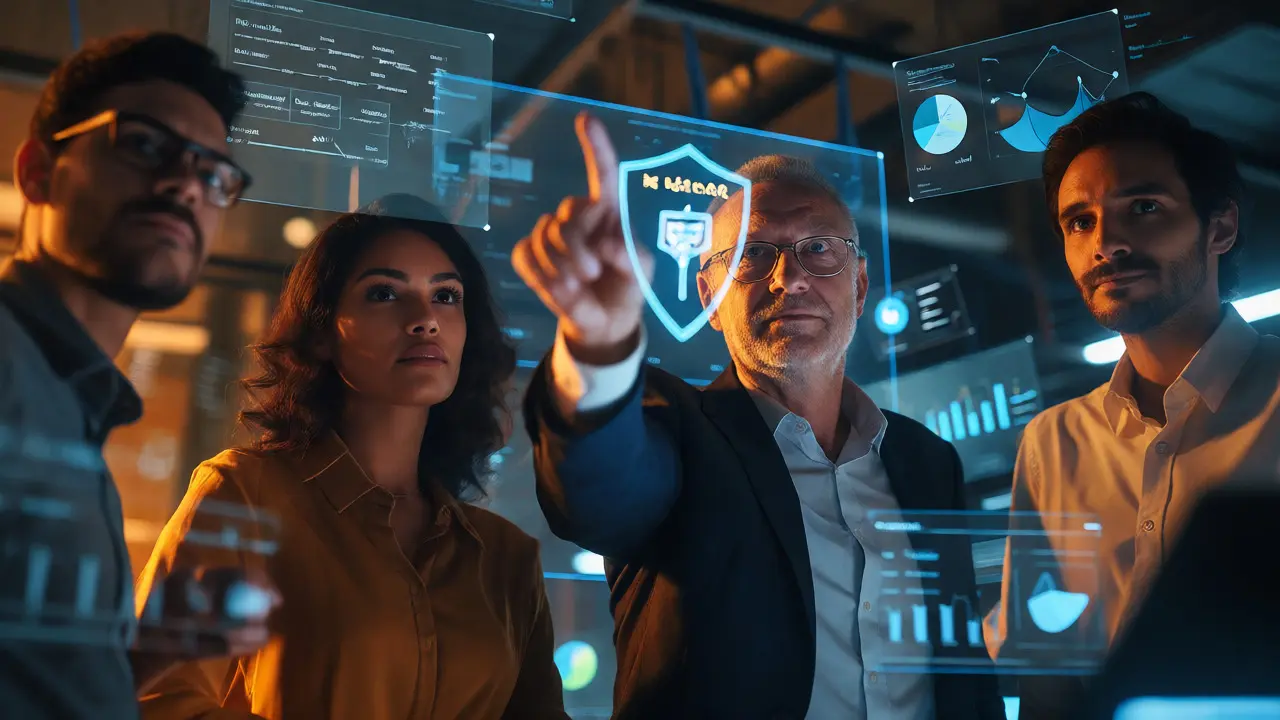 Compliance team in a high-tech war room with data streams