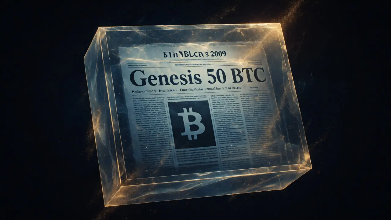 Conceptual art of genesis block with embedded newspaper headline