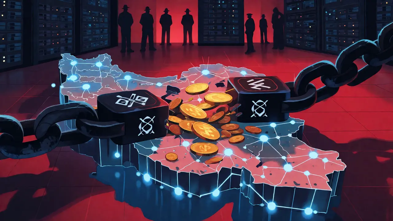 Conceptual art of Iran map breaking sanctions via crypto mining flows