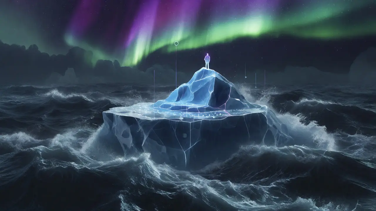 Conceptual image of a trader on an iceberg amidst volatile market waves