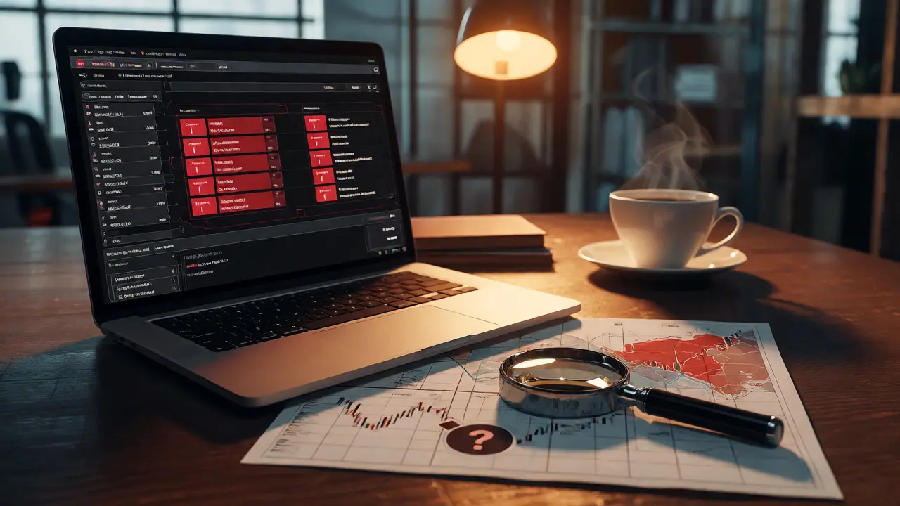 Detective desk with laptop showing incomplete crypto data and a magnifying glass over a market map.