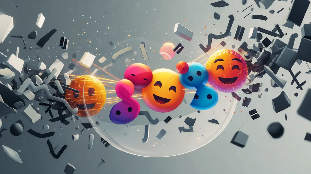 Digital illustration of a family emoji protected by golden joiner threads from gray formatting shards.