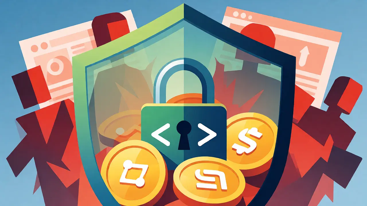 Digital shield protecting cryptocurrency coins from phishing threats
