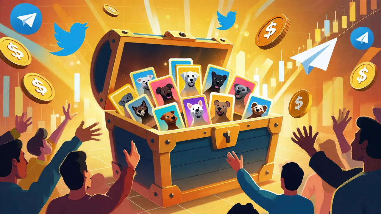 Digital treasure chest overflowing with Doge NFTs and crypto rewards