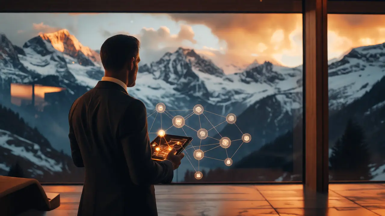 Financial advisor with tablet overlooking Swiss Alps representing crypto banking