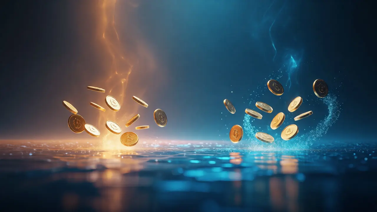 Floating gold coins over a blue pool with dual energy sources representing native yield and fees.
