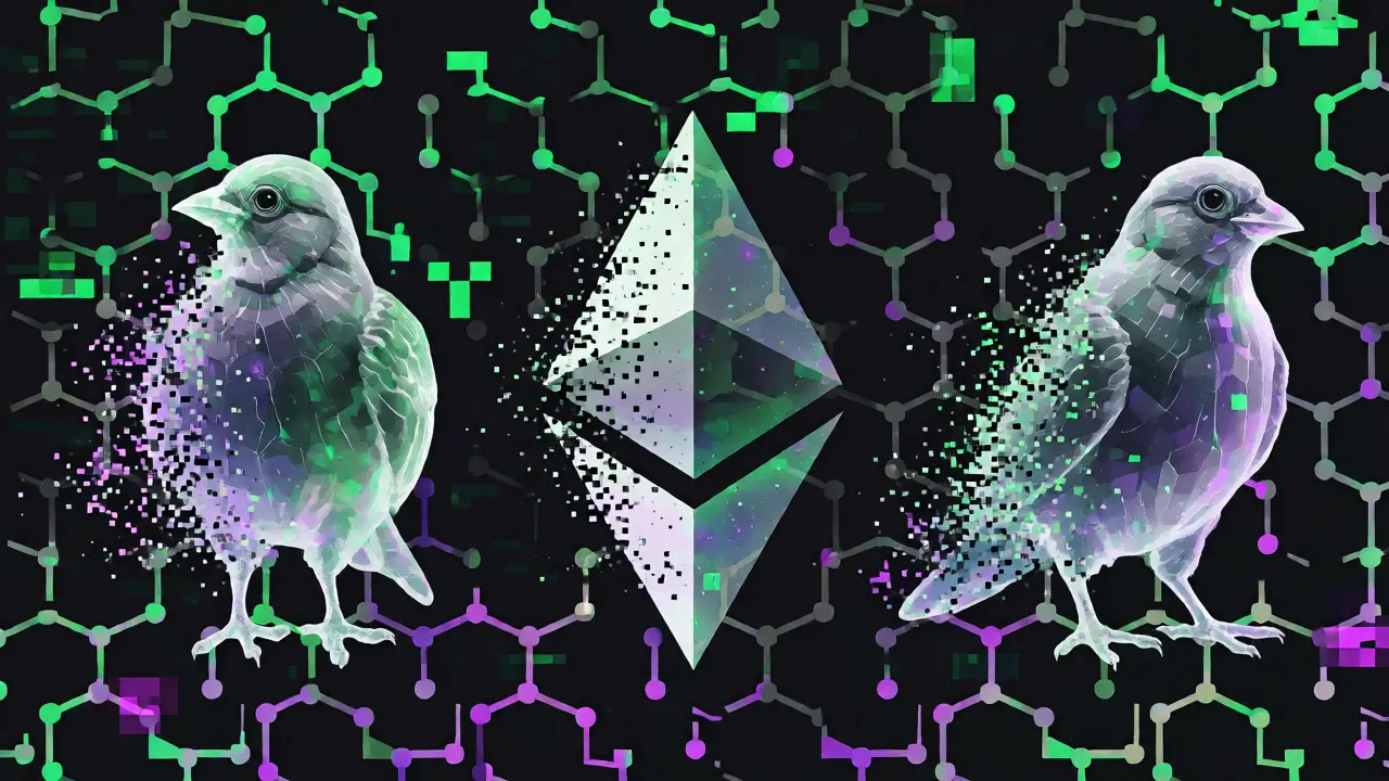 Ghostly bird figures dissolving into blockchain pixels