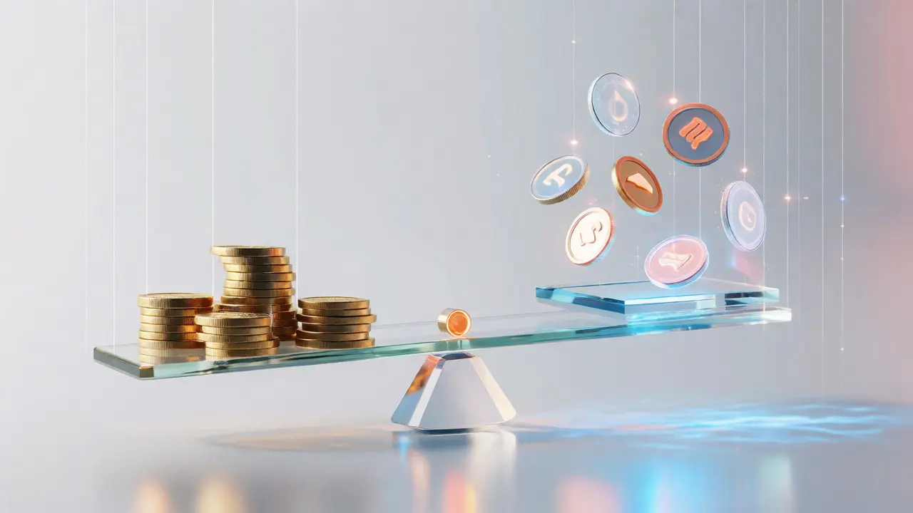 Glass scales balancing gold coins and holographic DeFi tokens