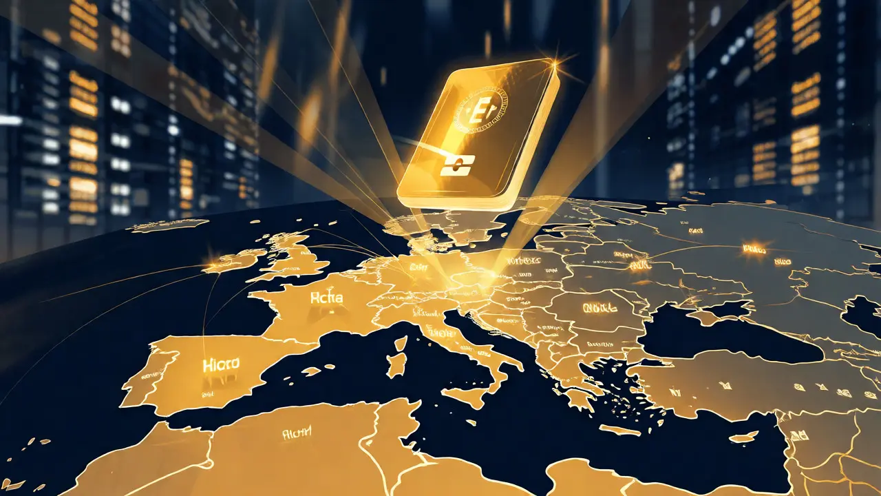 Golden passport floating over a holographic map of Europe