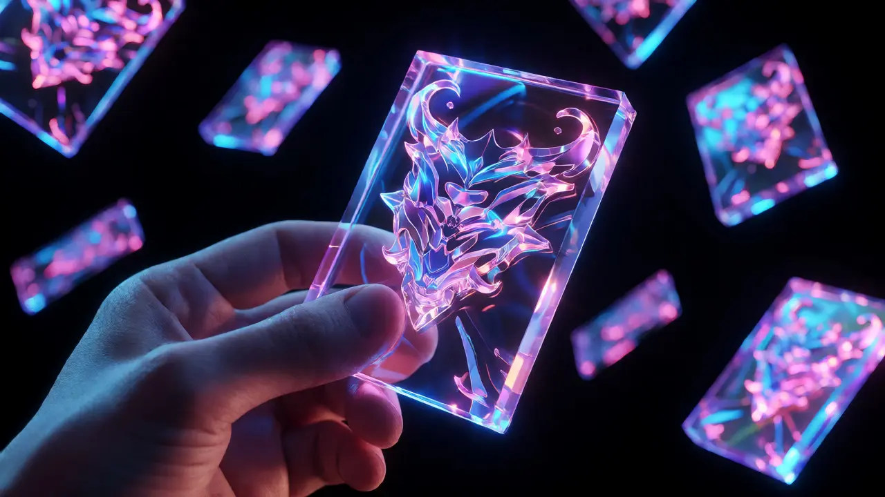 Hand holding a glowing, translucent collectible game card with fantasy artwork against a dark background.