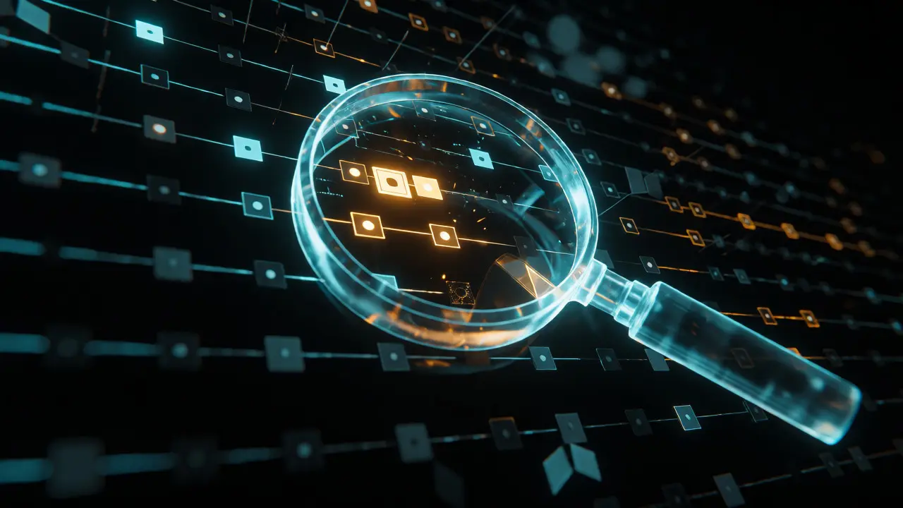 Holographic magnifying glass inspecting blockchain network nodes