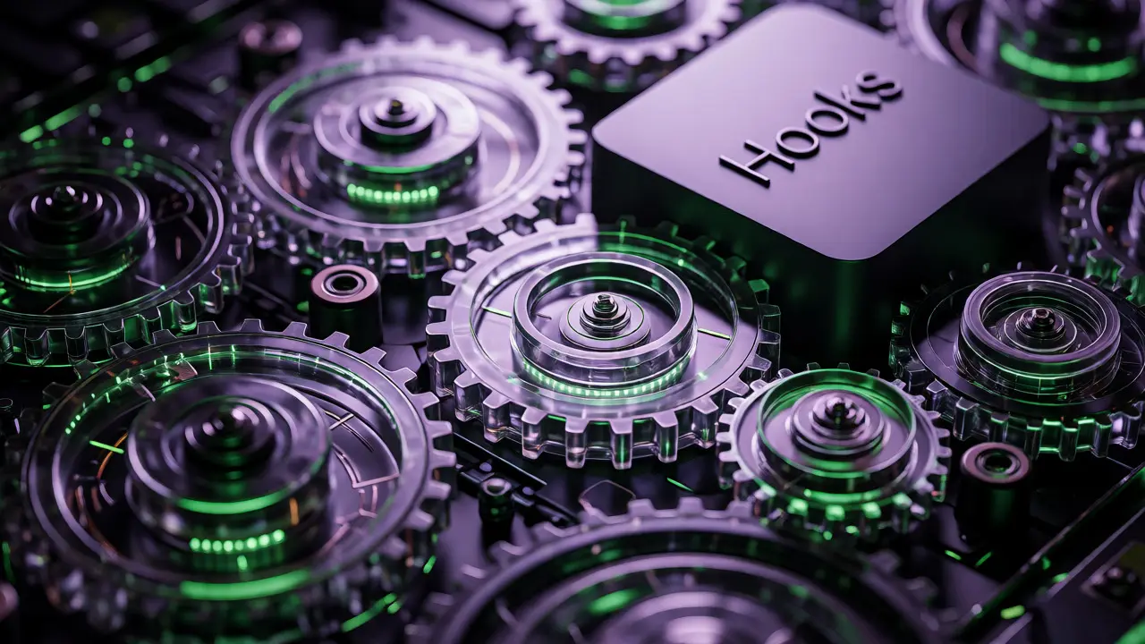 Interlocking glass and circuitry gears attached to a blockchain block representing customizable hooks.
