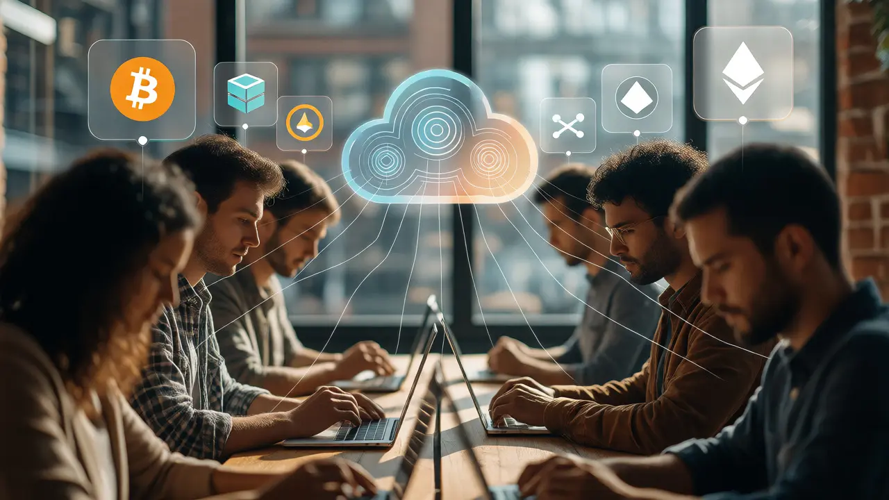Investors in a co-working space with floating crypto icons connecting to a central data cloud.