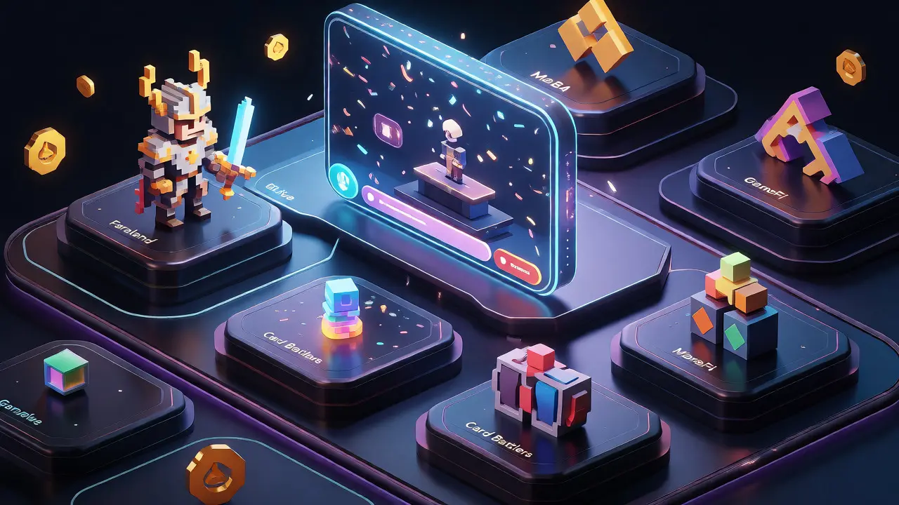 Isometric 3D render of a virtual gaming stage featuring a pixel knight and other GameFi avatars in a mobile app setting.