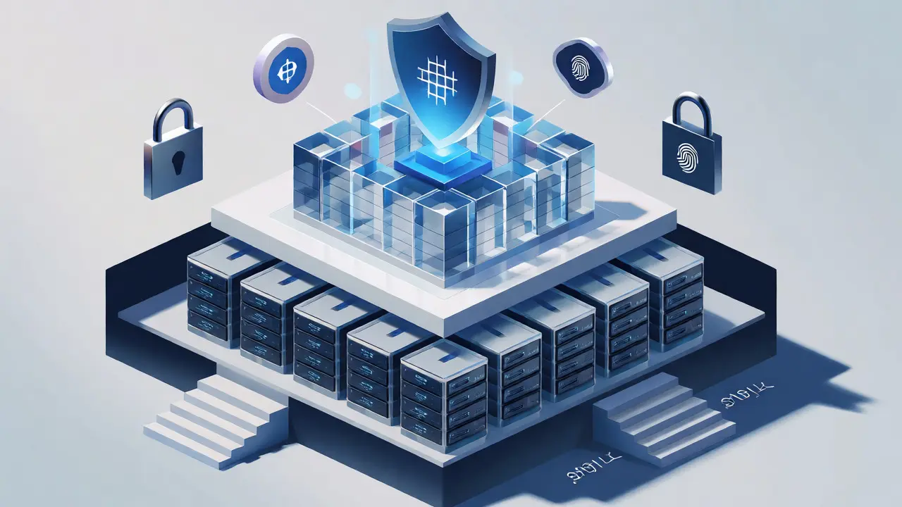 Isometric view of a secure digital crypto exchange fortress