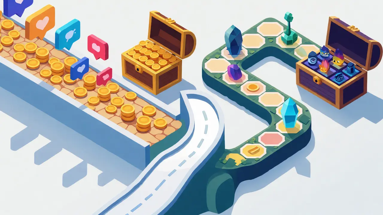 Isometric view of two diverging paths: one with social media icons and coins, the other with game tiles and gems.