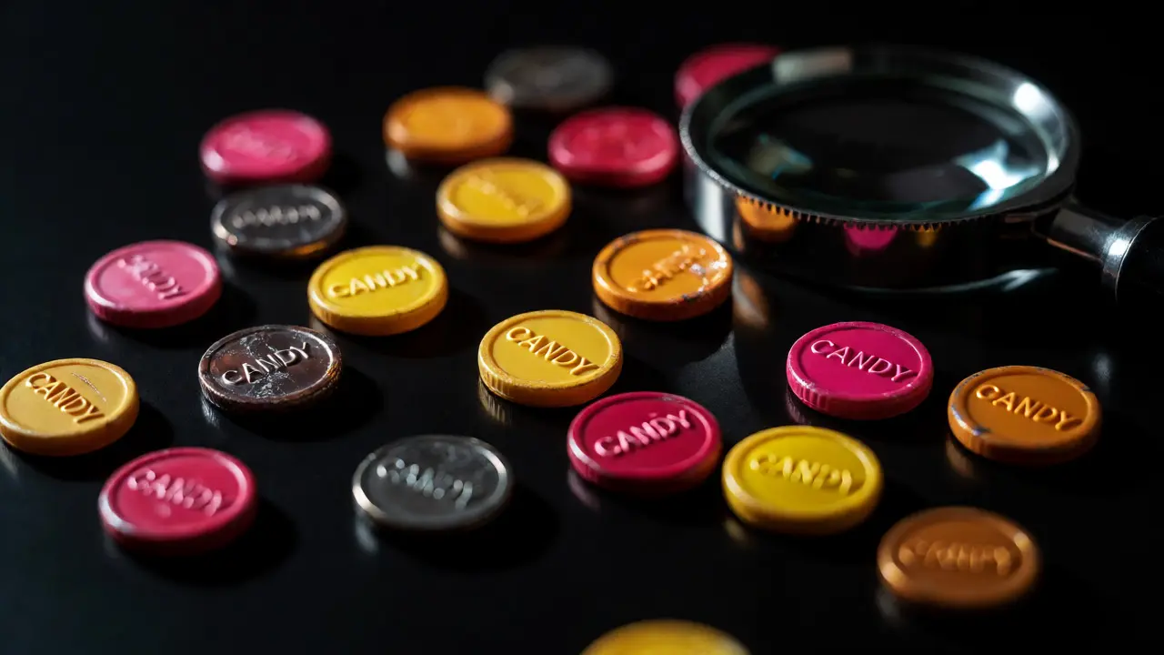 Macro shot of CANDY tokens on a dark surface with a magnifying glass