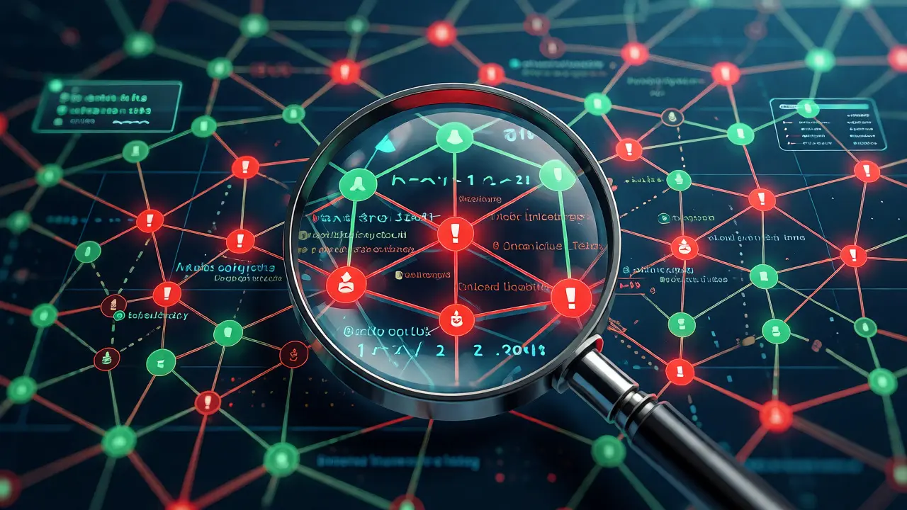 Magnifying glass inspecting a blockchain network for red flag warning signs