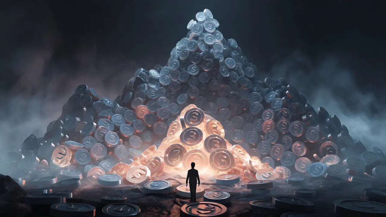 Mountain of crystal tokens with only the base illuminated representing supply
