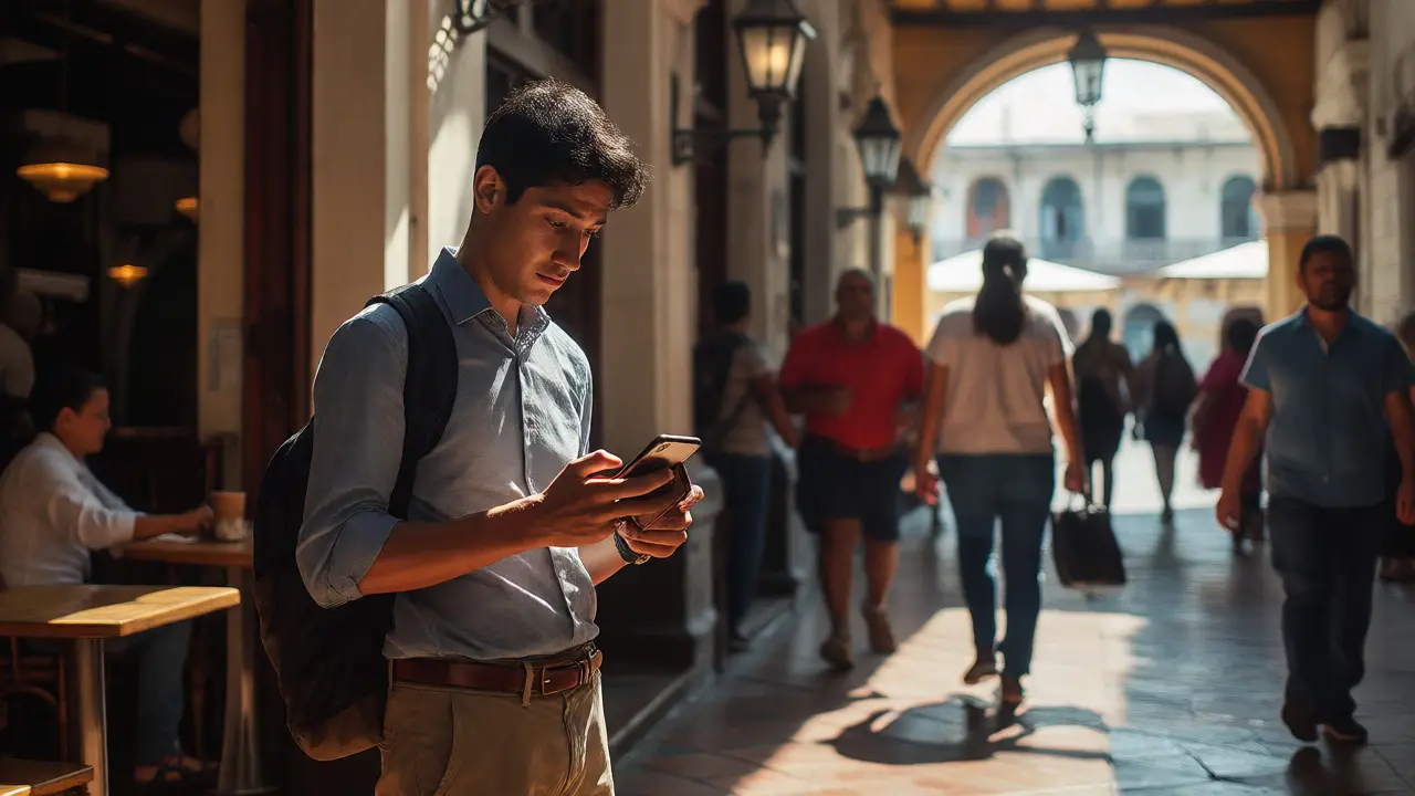 Person checking phone nervously in a busy Ecuadorian plaza