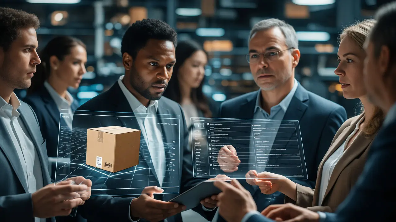 Professionals analyzing holographic supply chain and healthcare data in a modern tech-enabled workspace.