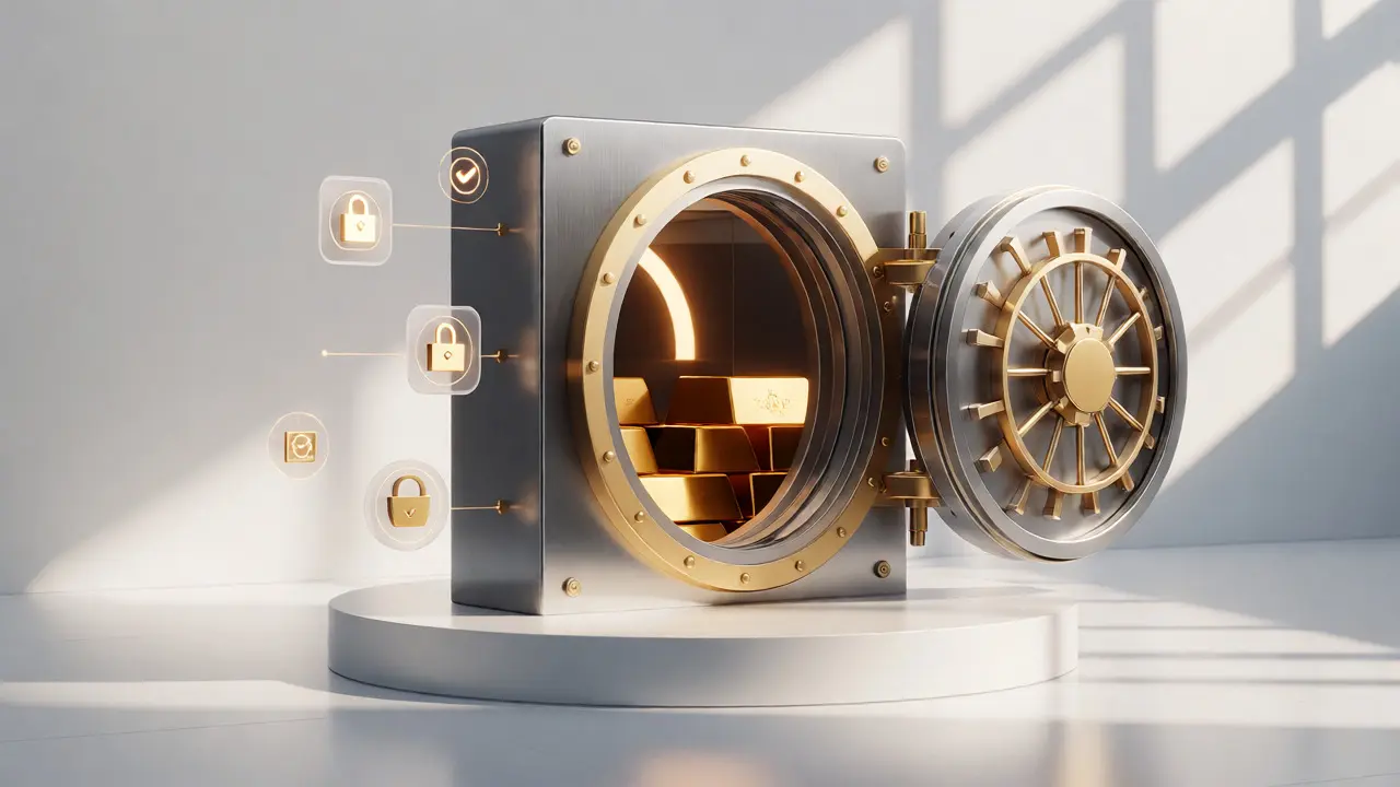 Secure steel vault containing gold bars and hardware wallets in a bright, clean setting.