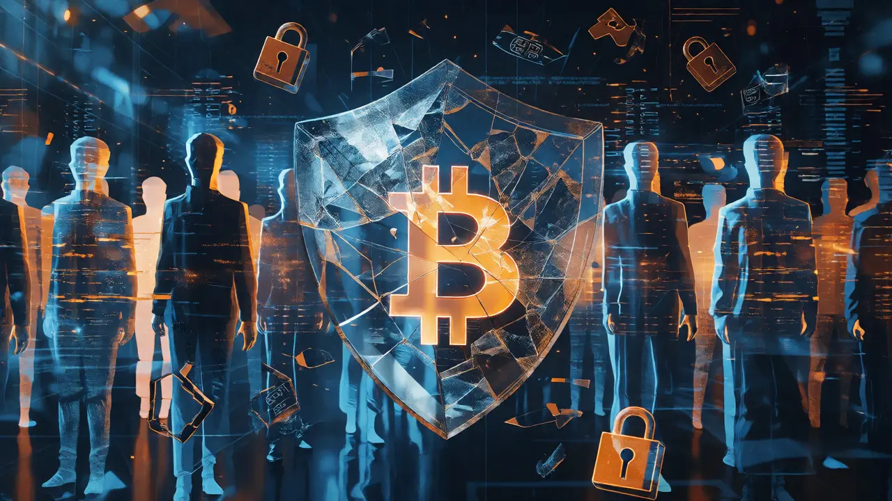 Shattered glass shield protecting a Bitcoin amidst glitchy digital ghosts and static.
