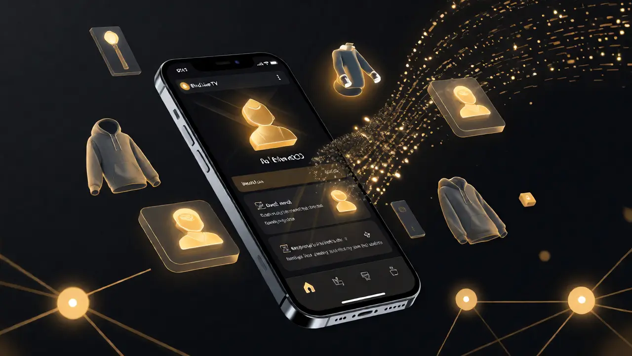 Smartphone surrounded by virtual merch, gaming items, and blockchain nodes