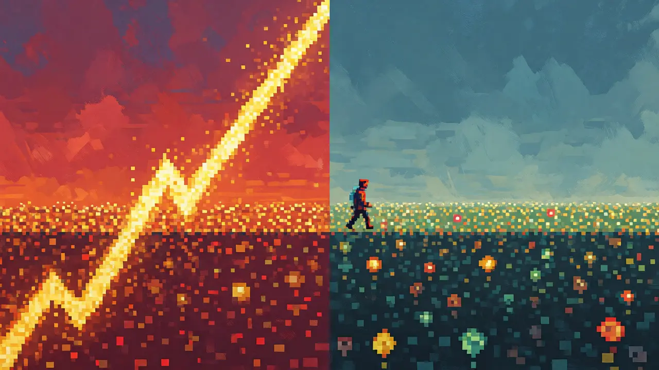 Split-screen concept art showing a sharp pixelated price rise transitioning into a stable, moderated market plateau.
