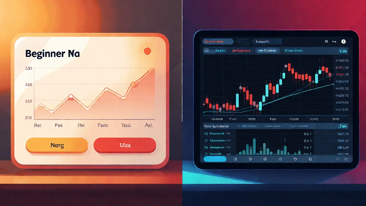 Split screen showing simple crypto buying versus advanced trading