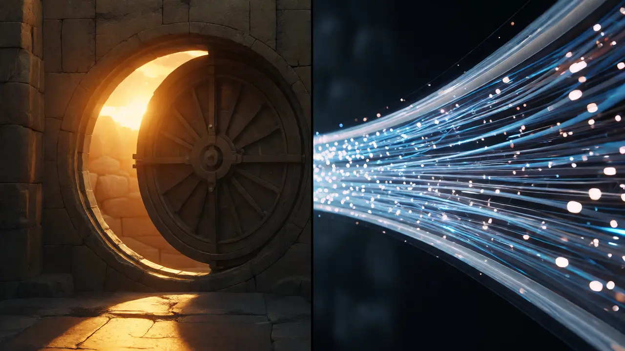 Split view comparing slow secure stone vault with fast fiber optic data stream