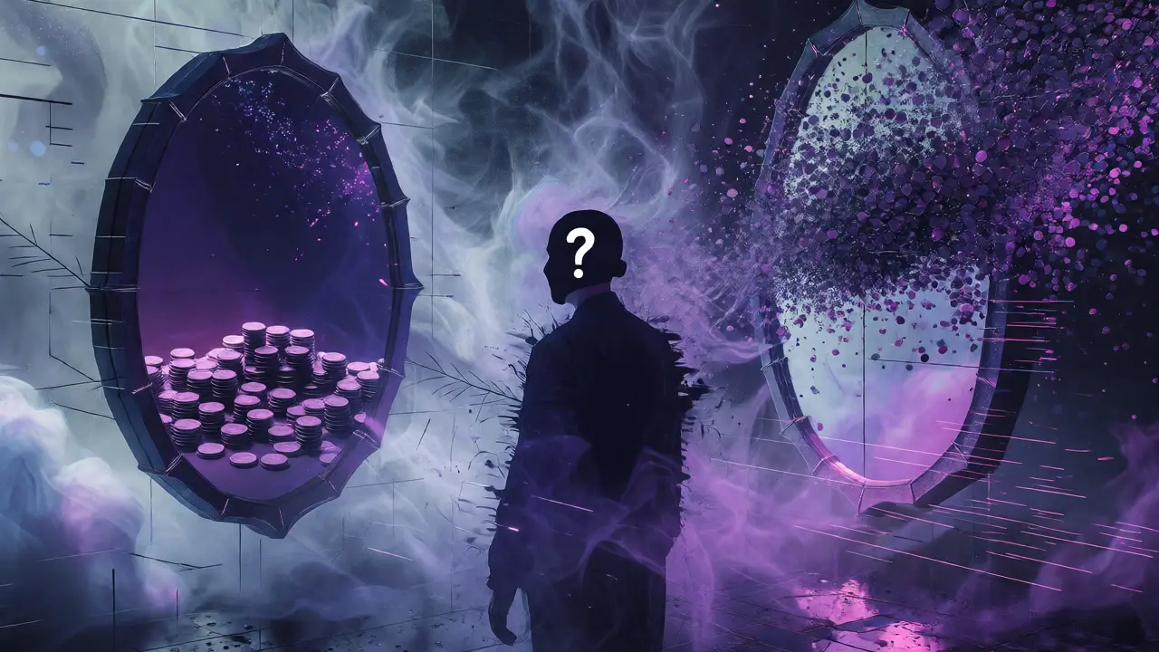 Surreal art showing conflicting token supply data and anonymous founder mystery