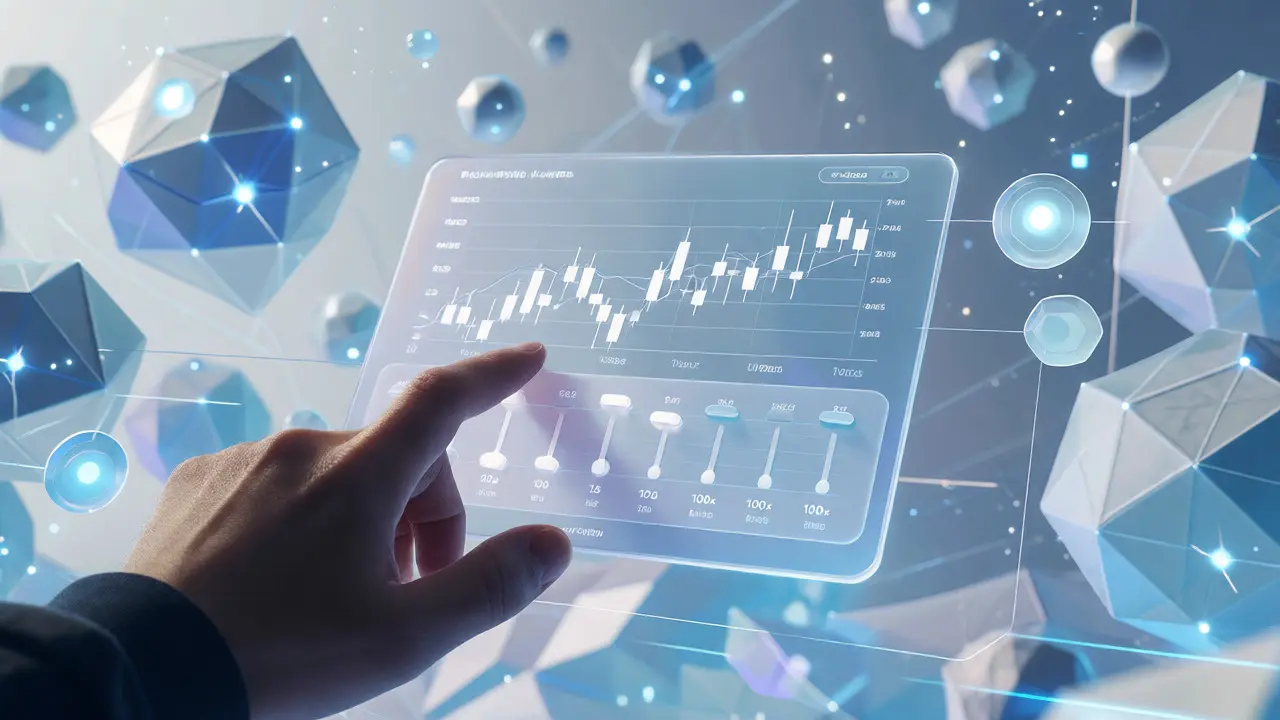 Trader interacting with a sleek, floating DeFi trading dashboard interface